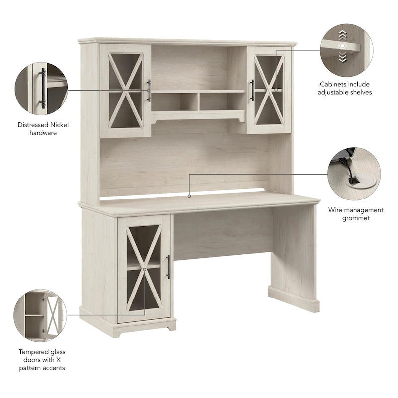 Scrivania Lennox Farmhouse con Credenza e Mobile Contenitore di Bush Furniture