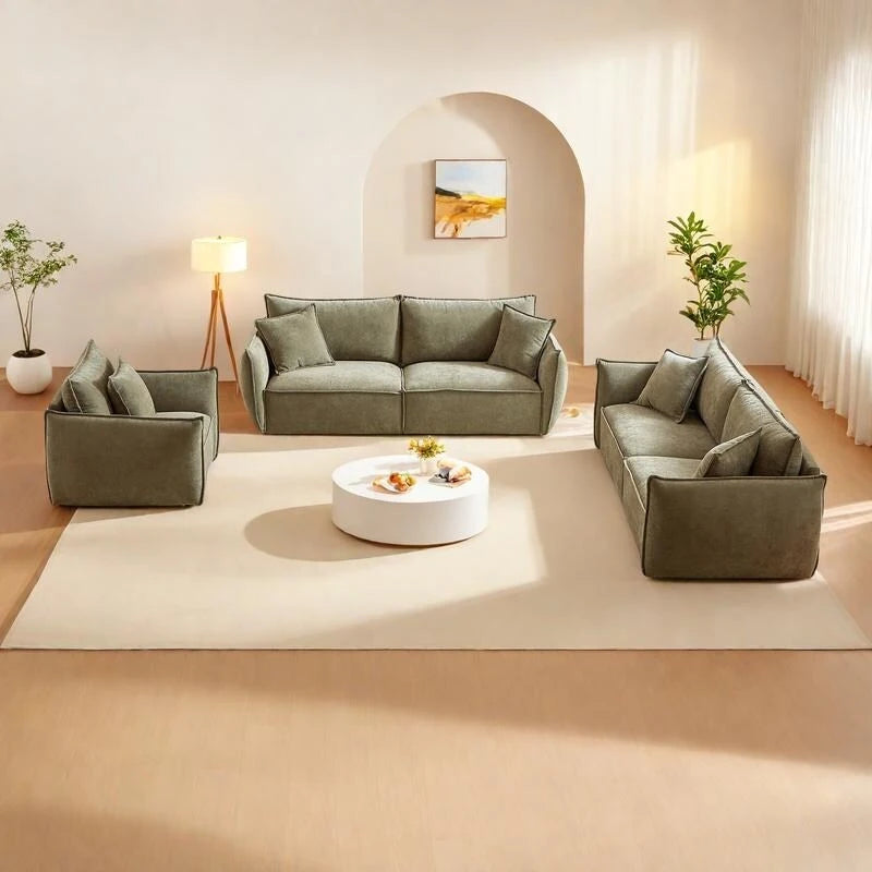 Set divano modulare in lino a 3 pezzi con combinazione 3+3+1 posti, struttura in legno e 5 cuscini
