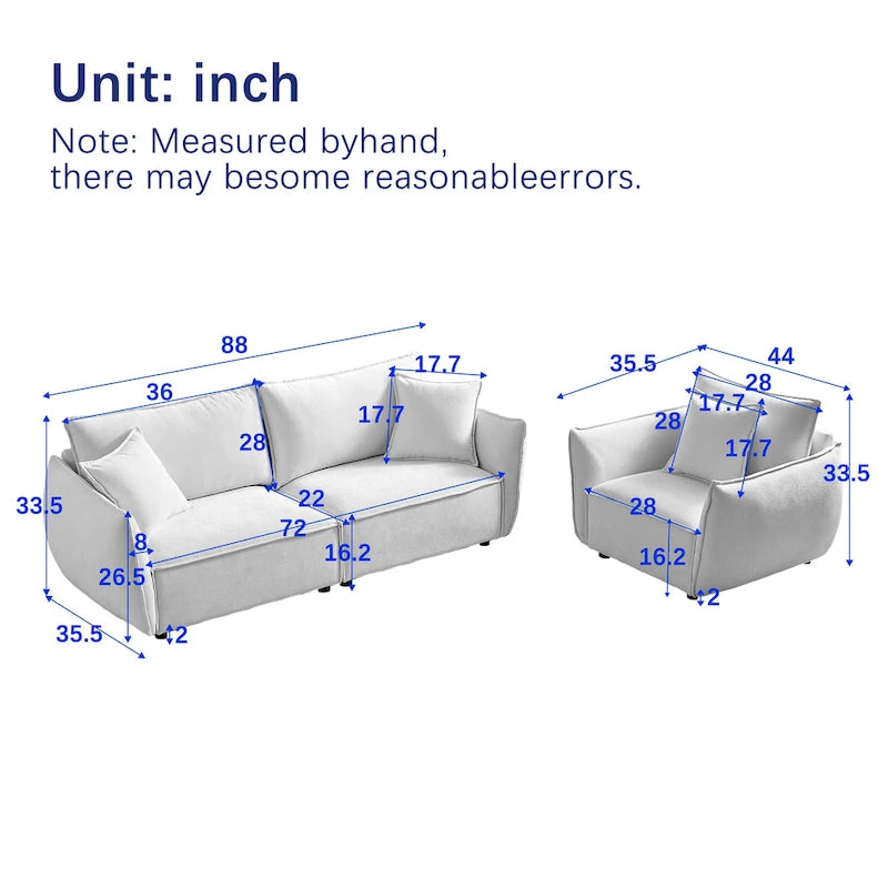 Set divano modulare in lino a 3 pezzi con combinazione 3+3+1 posti, struttura in legno e 5 cuscini