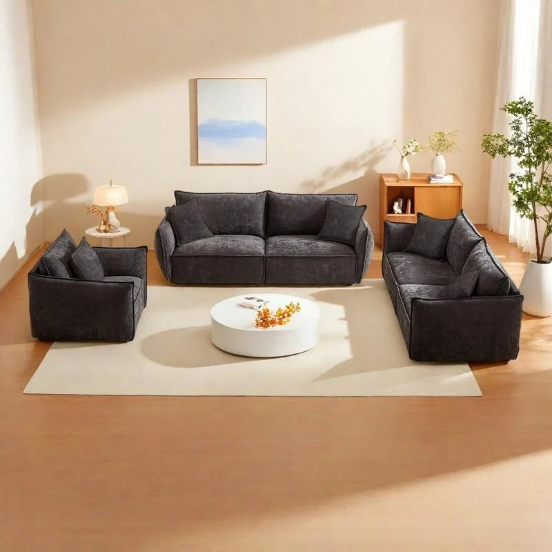 Set divano modulare in lino a 3 pezzi con combinazione 3+3+1 posti, struttura in legno e 5 cuscini