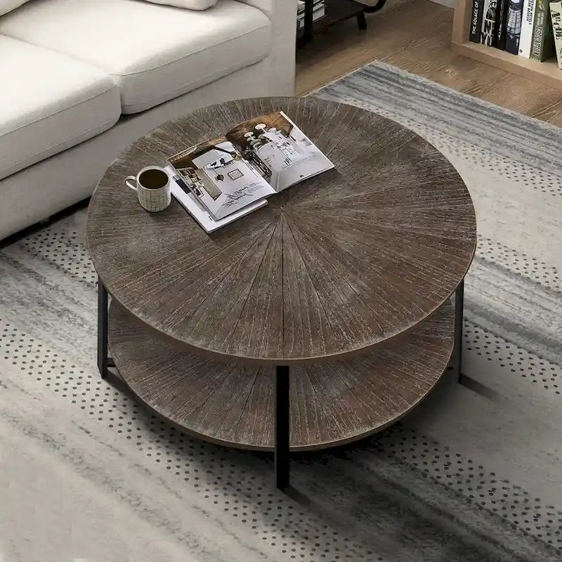 Tavolino da caffè rotondo rustico da 80 cm con 2 ripiani e gambe in metallo