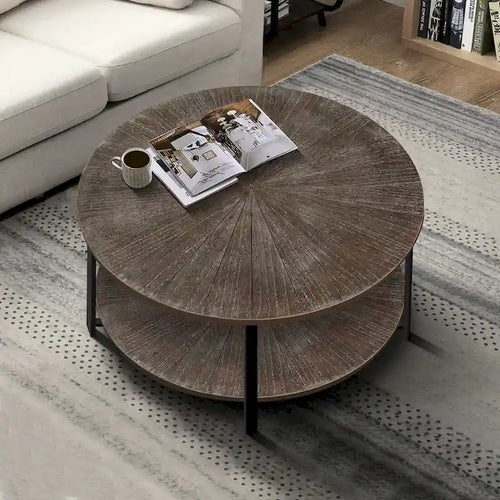Tavolino da caffè rotondo rustico da 80 cm con 2 ripiani e gambe in metallo