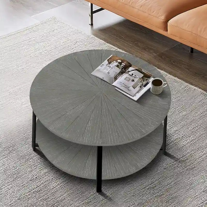 Tavolino da caffè rotondo rustico da 80 cm con 2 ripiani e gambe in metallo