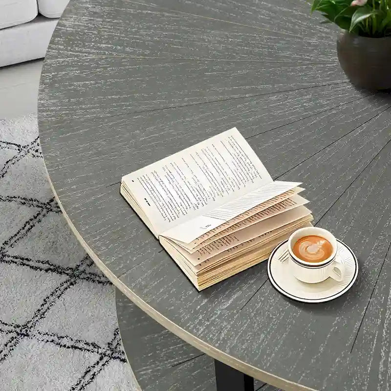 Tavolino da caffè rotondo rustico da 80 cm con 2 ripiani e gambe in metallo