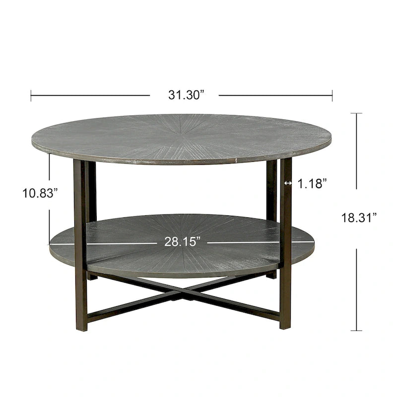 Tavolino da caffè rotondo rustico da 80 cm con 2 ripiani e gambe in metallo