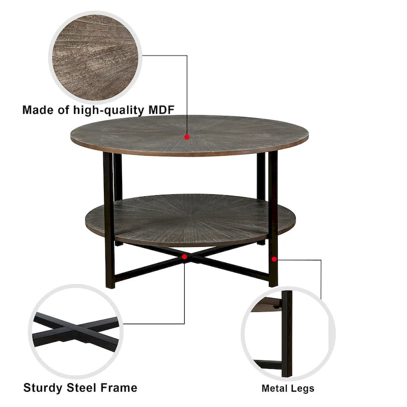 Tavolino da caffè rotondo rustico da 80 cm con 2 ripiani e gambe in metallo