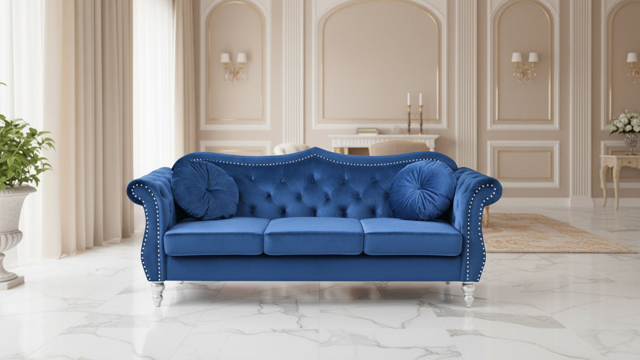 Velvet Tufted Chesterfield 3-Seater Sofa with Throw Pillows - 82 - Blue