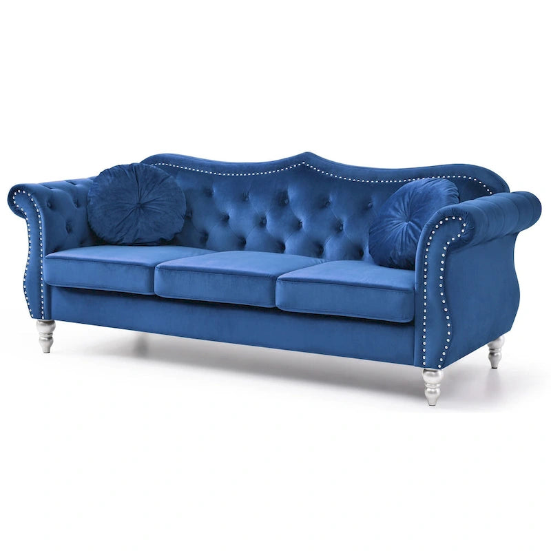 Divano Chesterfield a 3 posti in velluto trapuntato con cuscini decorativi - 82 - Blu