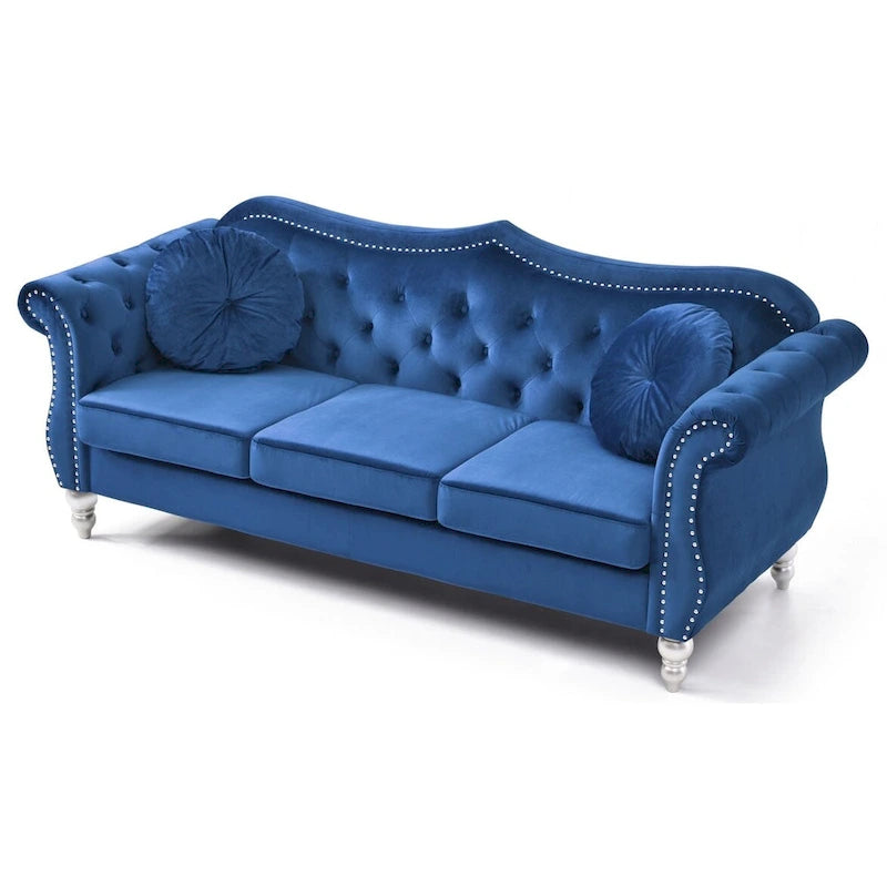 Divano Chesterfield a 3 posti in velluto trapuntato con cuscini decorativi - 82 - Blu