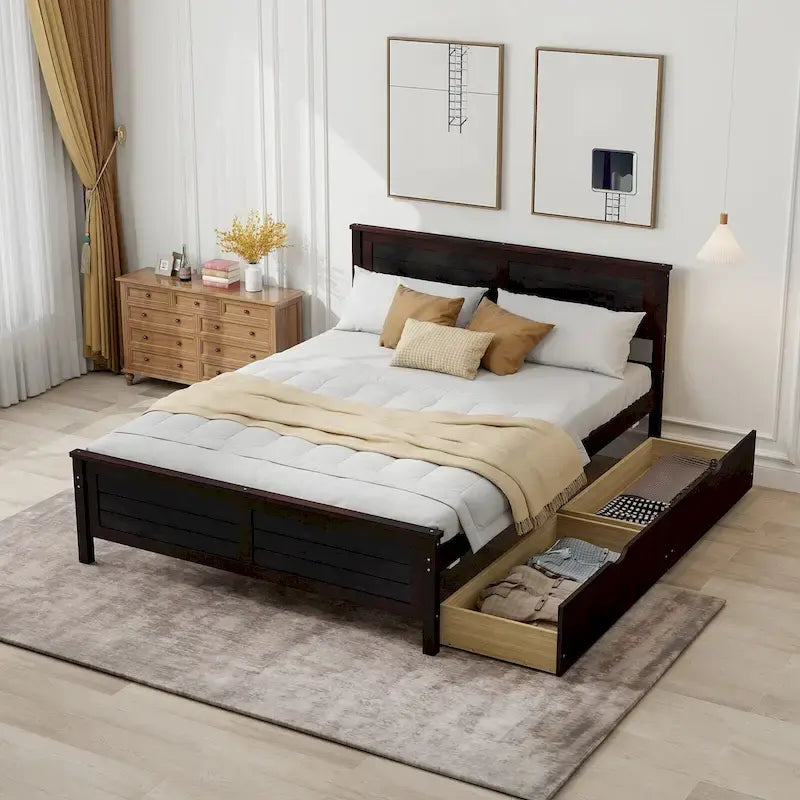 Struttura Letto in Legno Matrimoniale con 2 Cassetti Contenitore e Spazio Sotto-letto