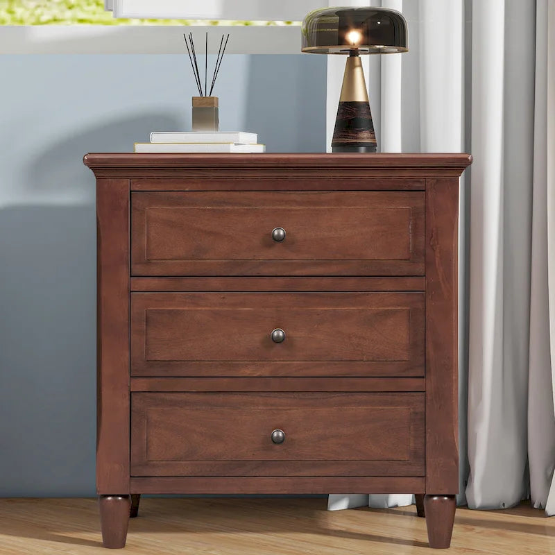 Mid-Century Modern Nightstand, Wooden Lockers with Metal Handle 3 Drawers, Entry Side Table with Solid Wood Legs