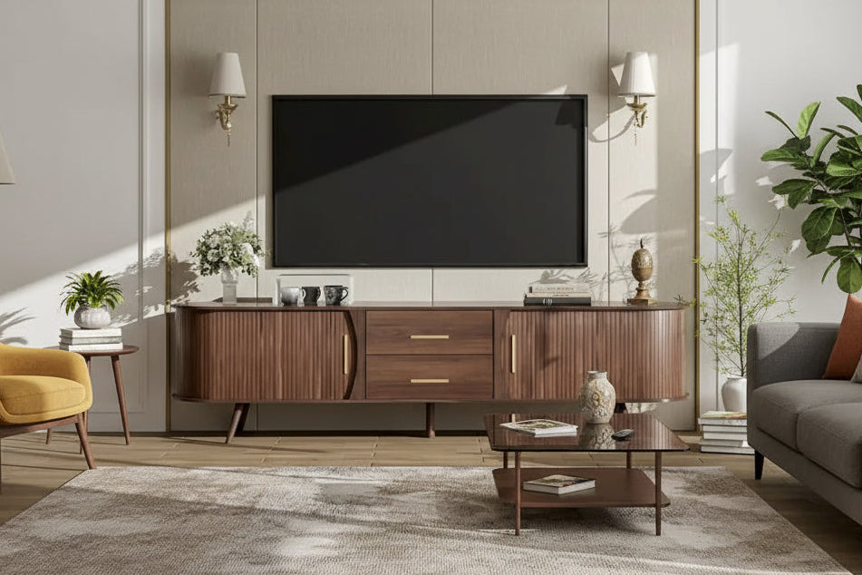 Mid-Century Modern TV Stand for 80 TV, Entertainment Center with Storage Media Console Table with 2 Drawers