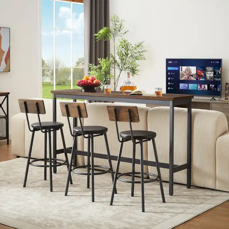 Set da pranzo rustico di 4 pezzi con tavolo rettangolare e 3 sedie da bar in pelle PU