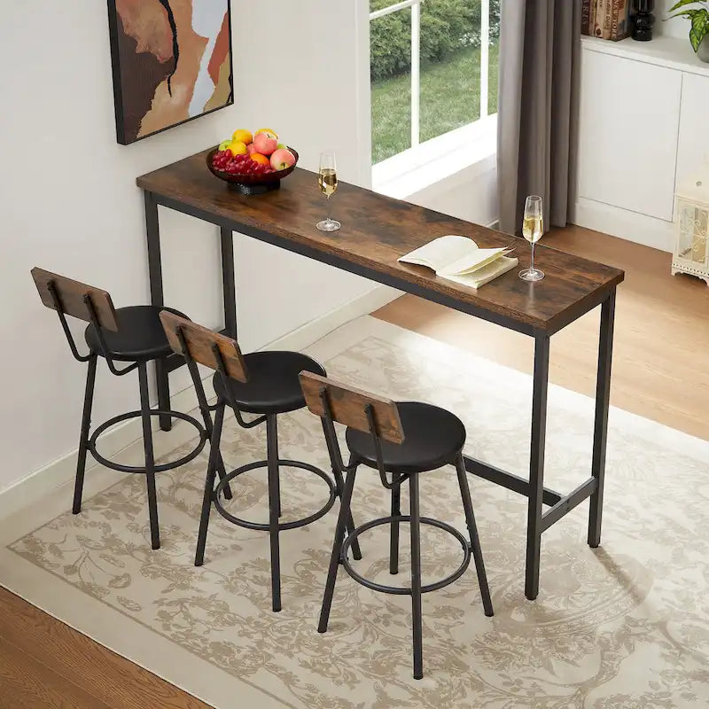 Set da pranzo rustico di 4 pezzi con tavolo rettangolare e 3 sedie da bar in pelle PU