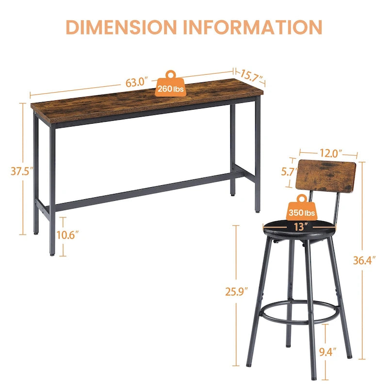 Set da pranzo rustico di 4 pezzi con tavolo rettangolare e 3 sedie da bar in pelle PU