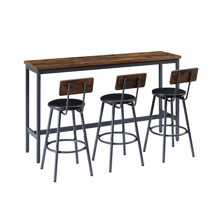 Set da pranzo rustico di 4 pezzi con tavolo rettangolare e 3 sedie da bar in pelle PU