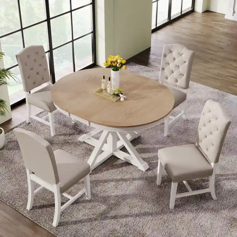 Set da Pranzo Retro da 5 Pezzi con Tavolo Rotondo Allungabile e 4 Sedie
