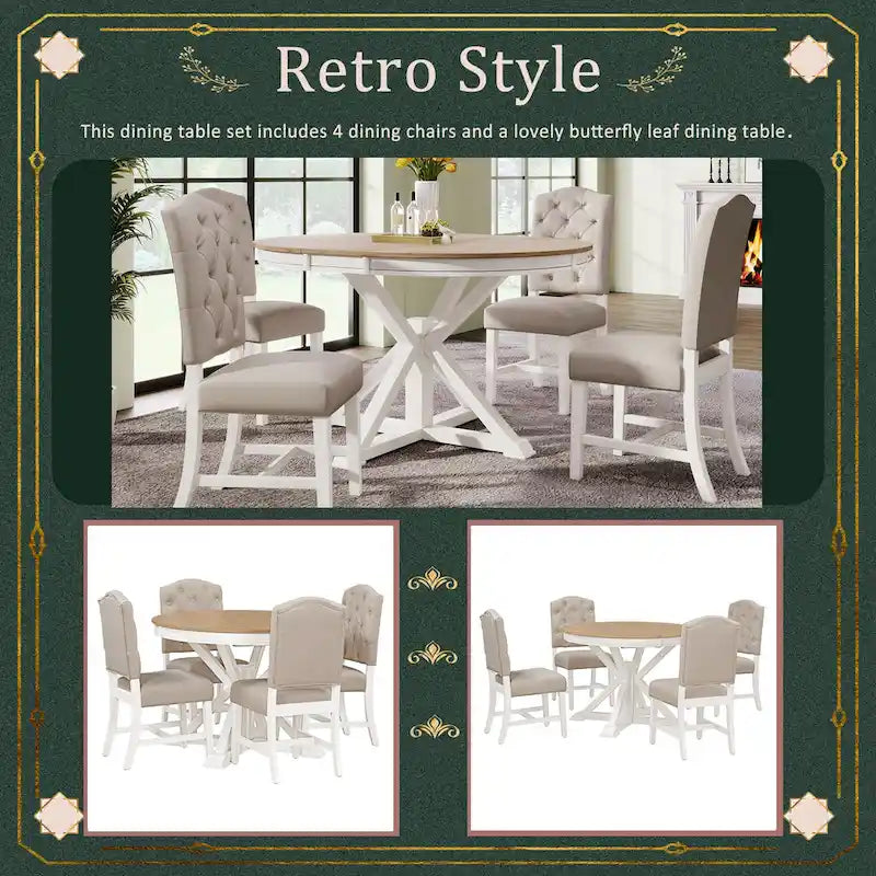 Set da Pranzo Retro da 5 Pezzi con Tavolo Rotondo Allungabile e 4 Sedie