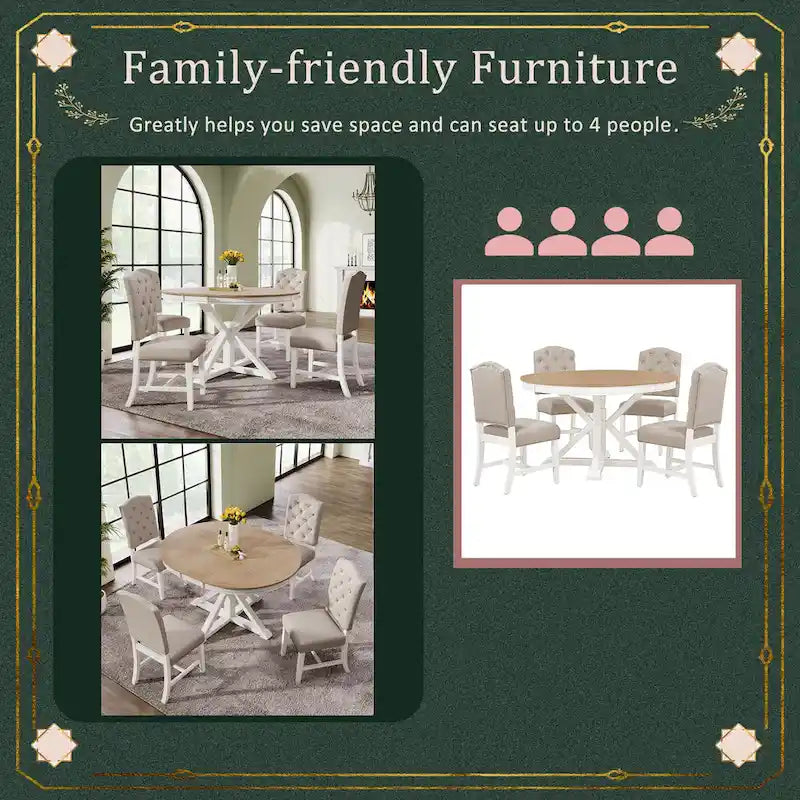 Set da Pranzo Retro da 5 Pezzi con Tavolo Rotondo Allungabile e 4 Sedie