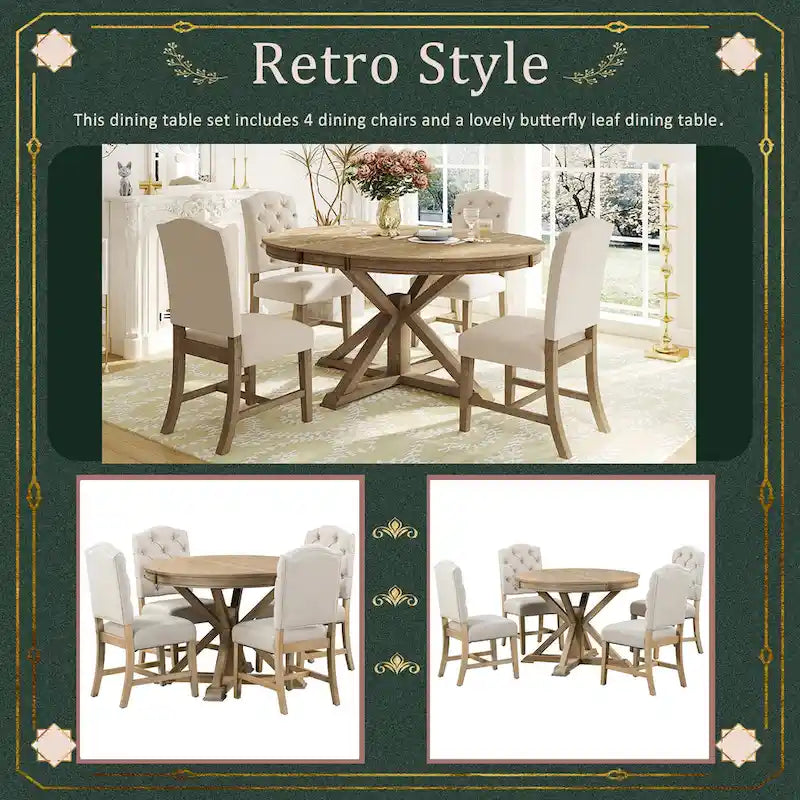 Set da Pranzo Retro da 5 Pezzi con Tavolo Rotondo Allungabile e 4 Sedie