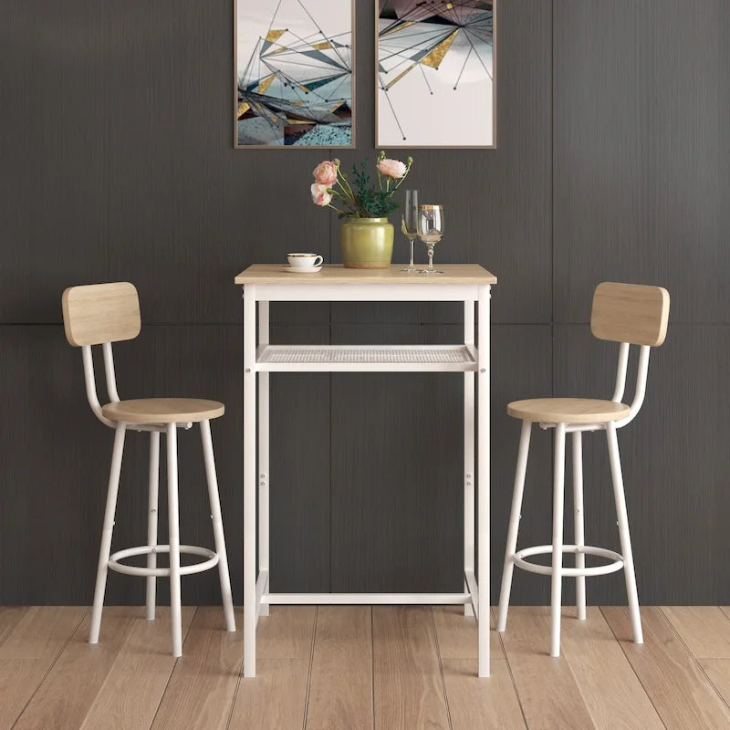 Set da pranzo moderno di 3 pezzi con tavolo quadrato, divisorio e 2 sgabelli da bar
