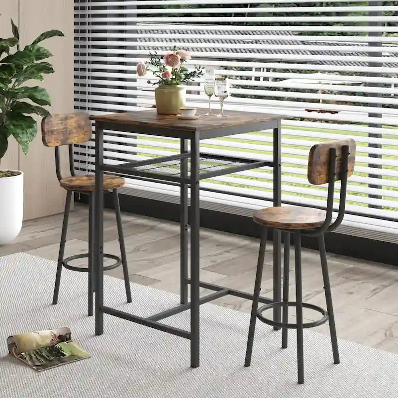 Set da pranzo moderno di 3 pezzi con tavolo quadrato, divisorio e 2 sgabelli da bar