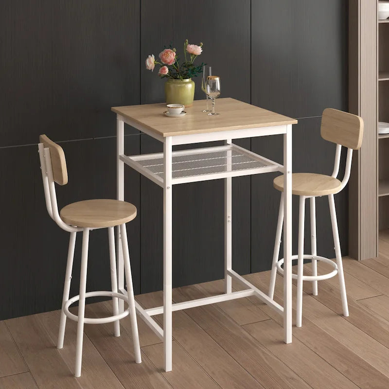 Set da pranzo moderno di 3 pezzi con tavolo quadrato, divisorio e 2 sgabelli da bar