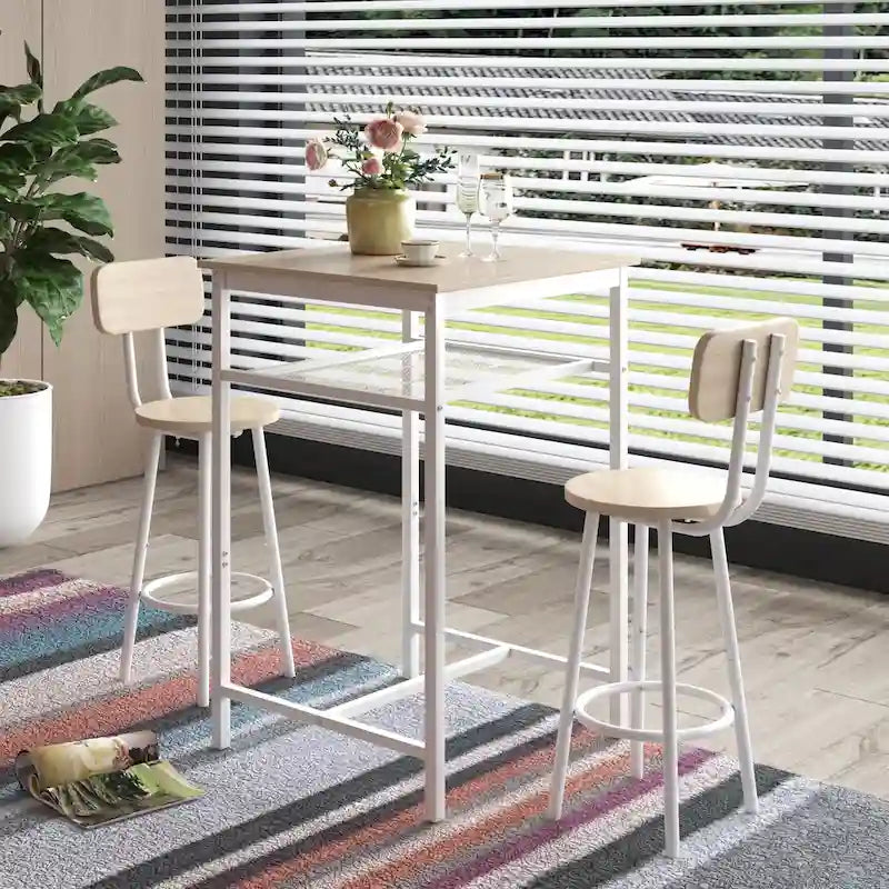 Set da pranzo moderno di 3 pezzi con tavolo quadrato, divisorio e 2 sgabelli da bar