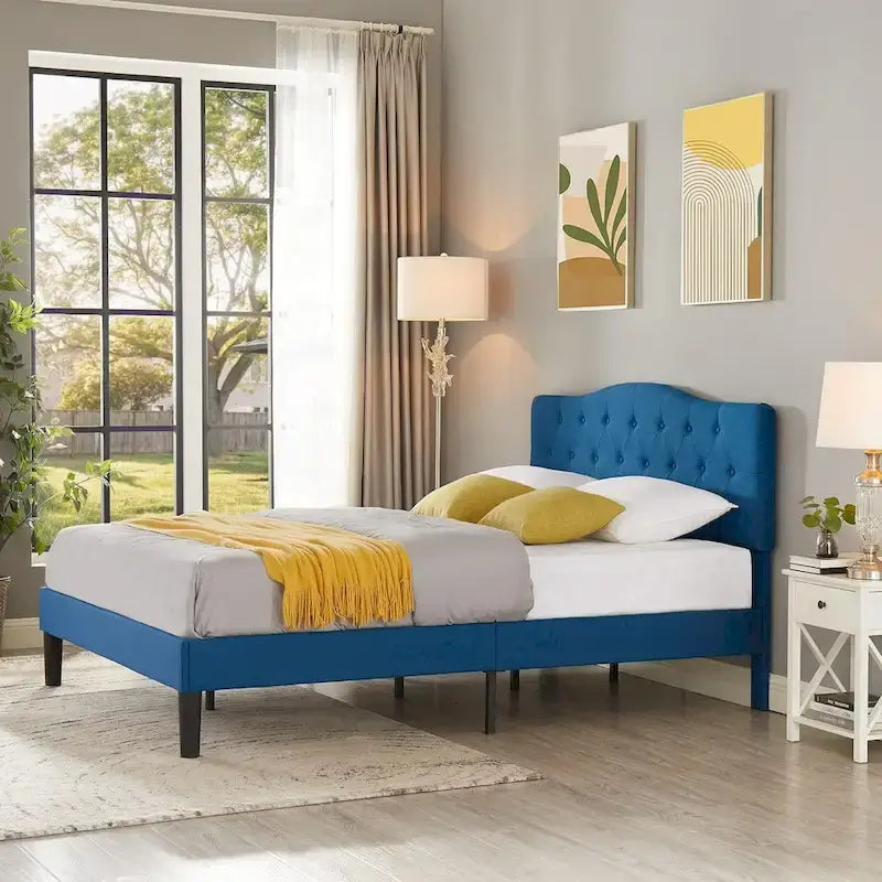 Struttura letto imbottita trapuntata moderna con testiera regolabile in altezza, blu scuro