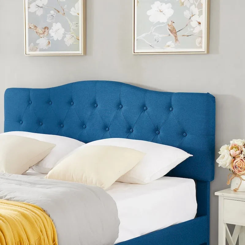 Struttura letto imbottita trapuntata moderna con testiera regolabile in altezza, blu scuro