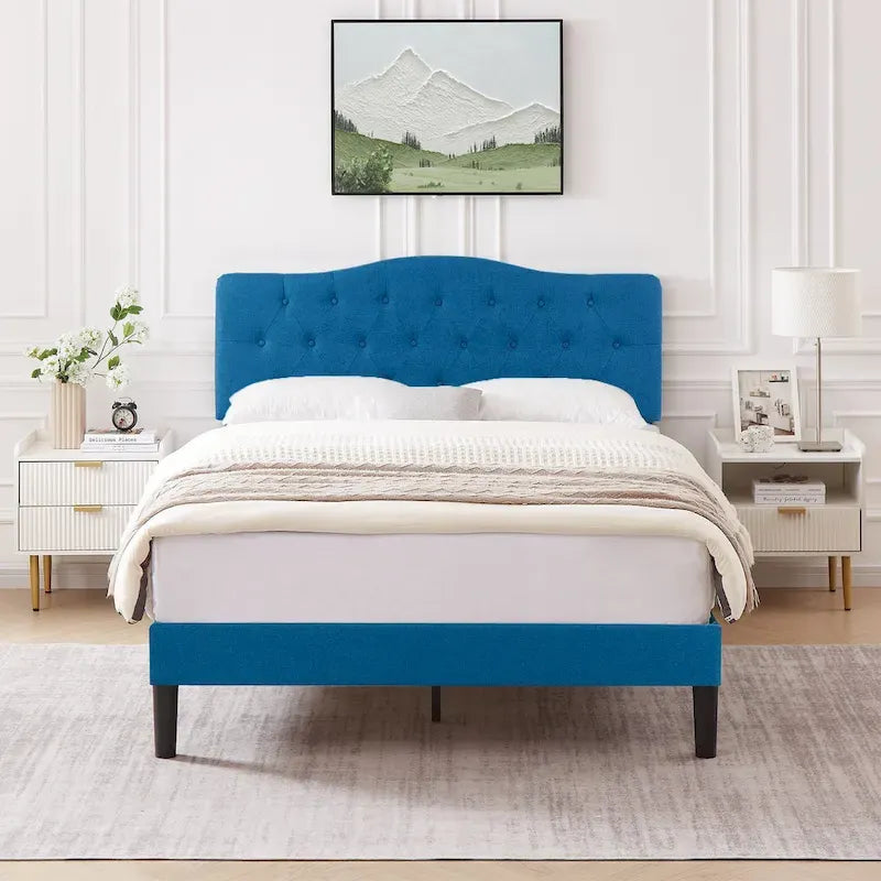 Struttura letto imbottita trapuntata moderna con testiera regolabile in altezza, blu scuro