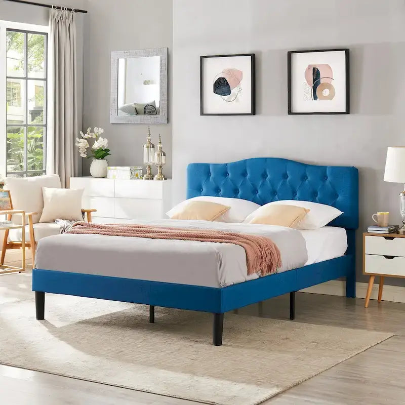 Struttura letto imbottita trapuntata moderna con testiera regolabile in altezza, blu scuro