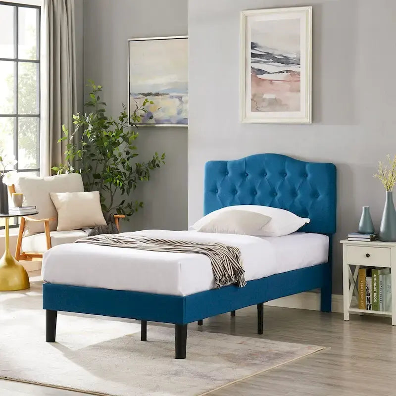 Struttura letto imbottita trapuntata moderna con testiera regolabile in altezza, blu scuro