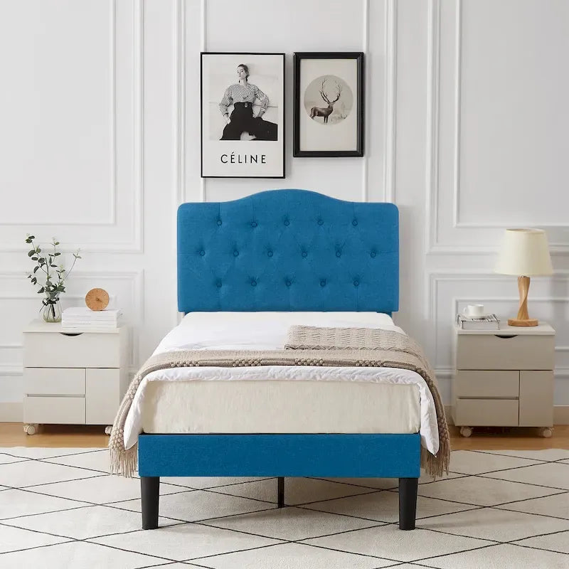 Struttura letto imbottita trapuntata moderna con testiera regolabile in altezza, blu scuro