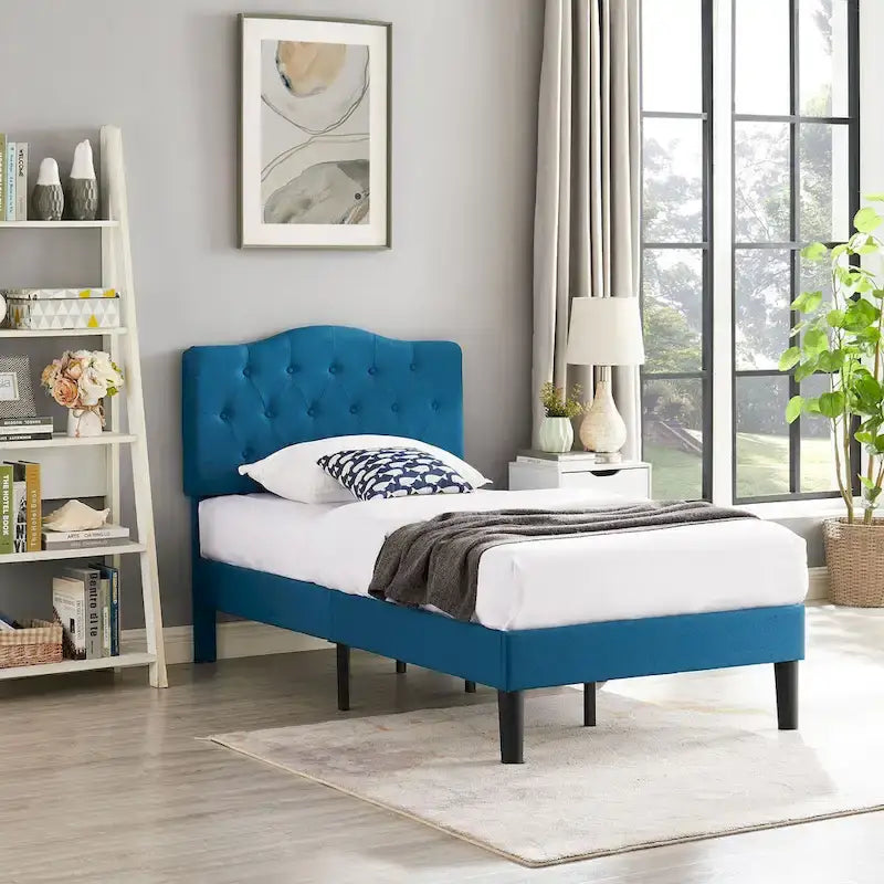 Struttura letto imbottita trapuntata moderna con testiera regolabile in altezza, blu scuro