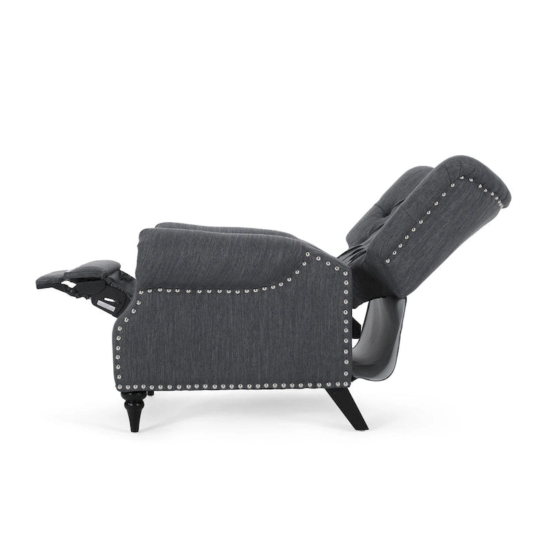 Poltrona reclinabile in tessuto e legno di gomma con borchie decorative