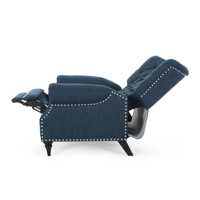 Poltrona reclinabile in tessuto e legno di gomma con borchie decorative