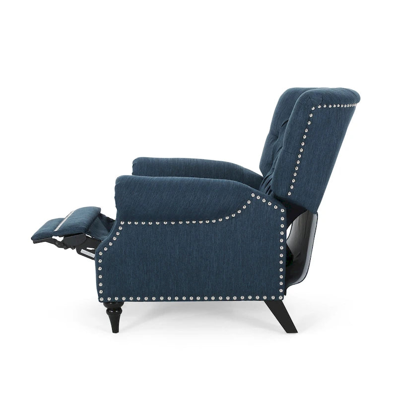 Poltrona reclinabile in tessuto e legno di gomma con borchie decorative