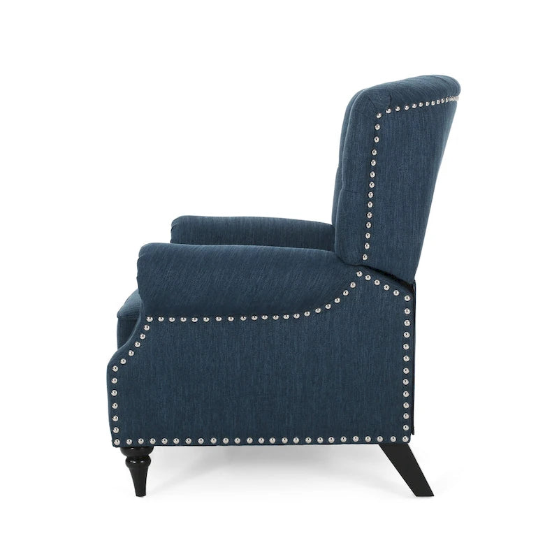 Poltrona reclinabile in tessuto e legno di gomma con borchie decorative