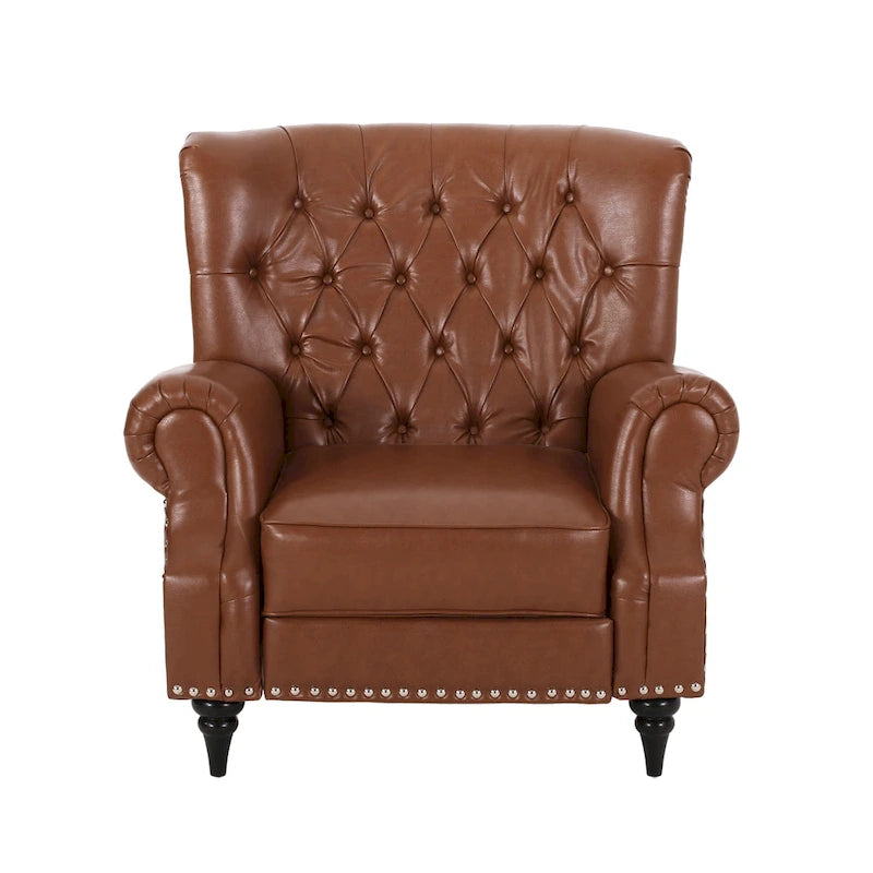 Poltrona reclinabile in tessuto e legno di gomma con borchie decorative