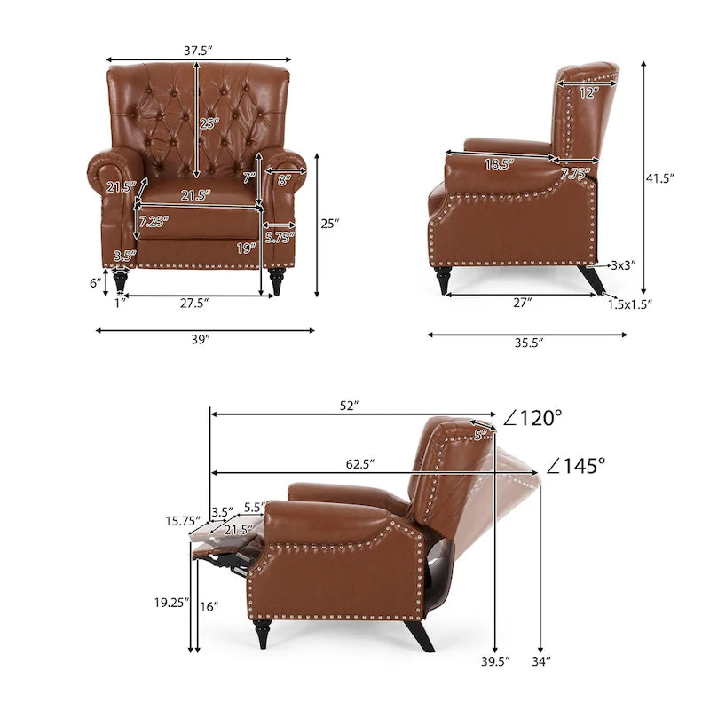 Poltrona reclinabile in tessuto e legno di gomma con borchie decorative