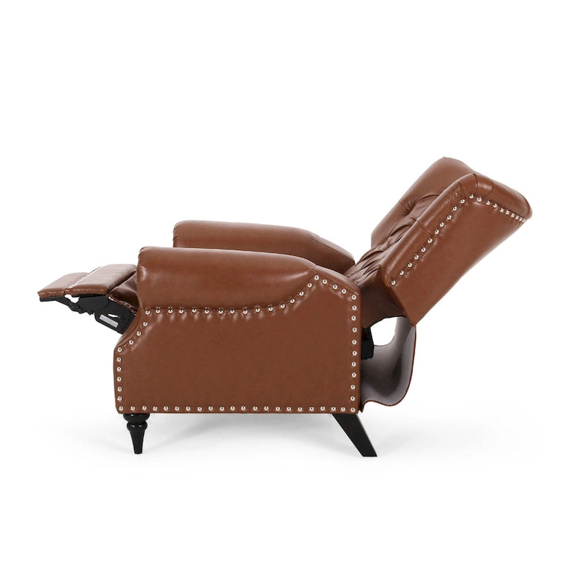 Poltrona reclinabile in tessuto e legno di gomma con borchie decorative