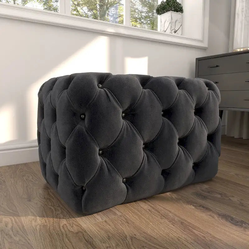 Panca Ottomana Moderna Glam in Legno, Rivestita in Tessuto Trapuntato, Colore Nero, Marrone Chiaro o Grigio