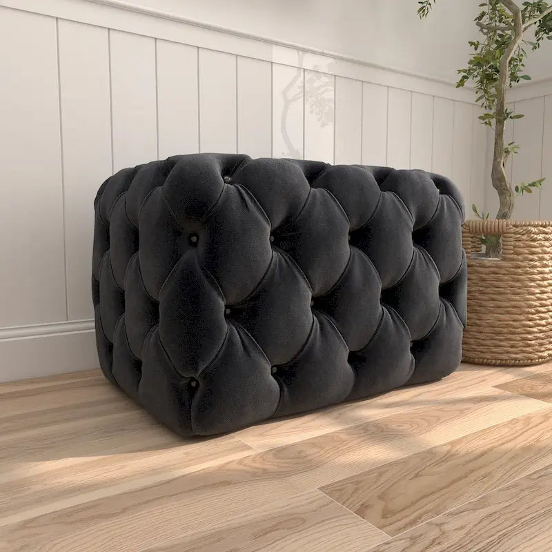Panca Ottomana Moderna Glam in Legno, Rivestita in Tessuto Trapuntato, Colore Nero, Marrone Chiaro o Grigio