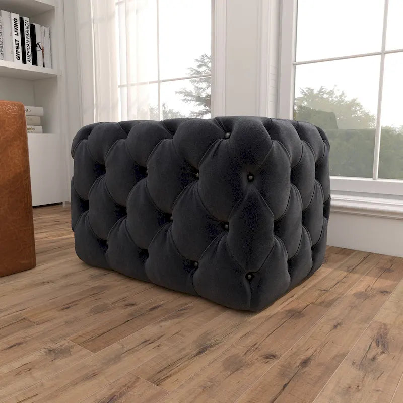 Panca Ottomana Moderna Glam in Legno, Rivestita in Tessuto Trapuntato, Colore Nero, Marrone Chiaro o Grigio
