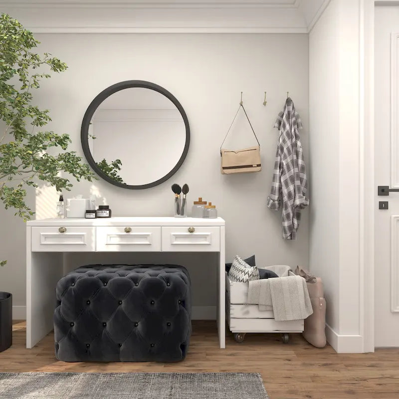 Panca Ottomana Moderna Glam in Legno, Rivestita in Tessuto Trapuntato, Colore Nero, Marrone Chiaro o Grigio