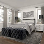 Panca Ottomana Moderna Glam in Legno, Rivestita in Tessuto Trapuntato, Colore Nero, Marrone Chiaro o Grigio