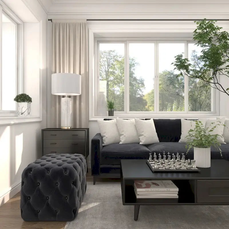 Panca Ottomana Moderna Glam in Legno, Rivestita in Tessuto Trapuntato, Colore Nero, Marrone Chiaro o Grigio