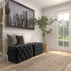 Panca Ottomana Moderna Glam in Legno, Rivestita in Tessuto Trapuntato, Colore Nero, Marrone Chiaro o Grigio