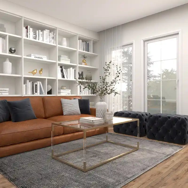 Panca Ottomana Moderna Glam in Legno, Rivestita in Tessuto Trapuntato, Colore Nero, Marrone Chiaro o Grigio